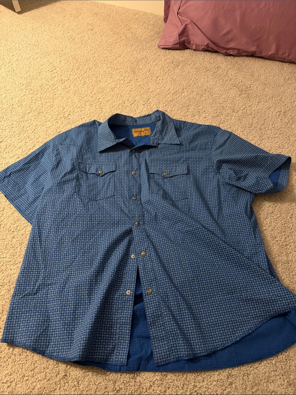 Wrangler Blue Short-Sleeve Button-Down Shirt with Micro-Check